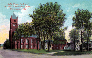 fountain-in-1920s Belle Grove Park and St. Paul German Reformed Church are shown in this postcard from the 1920s. The fountain is shown in the middle of the square.